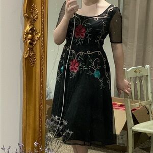 eShakti Black Dress with Pink and Green Embroidery